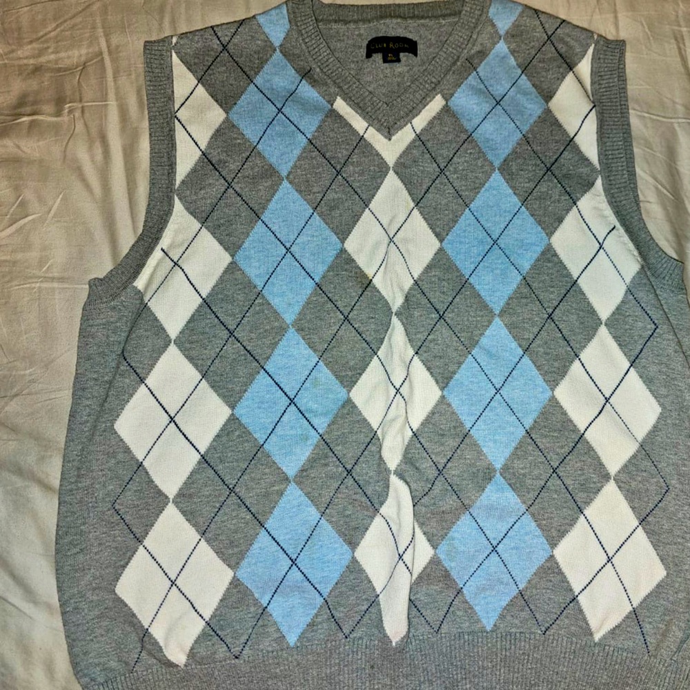 Charter Club V-Neck Sweater Vest - Gray, Blue, and White Argyle - Picture 1 of 2